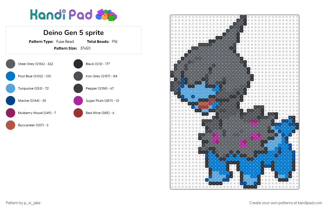 Deino (Gen 5) - Fuse Bead Pattern by p_w_jake on Kandi Pad - blue, deino, dragon, gaming, gen5, gray, pokemon