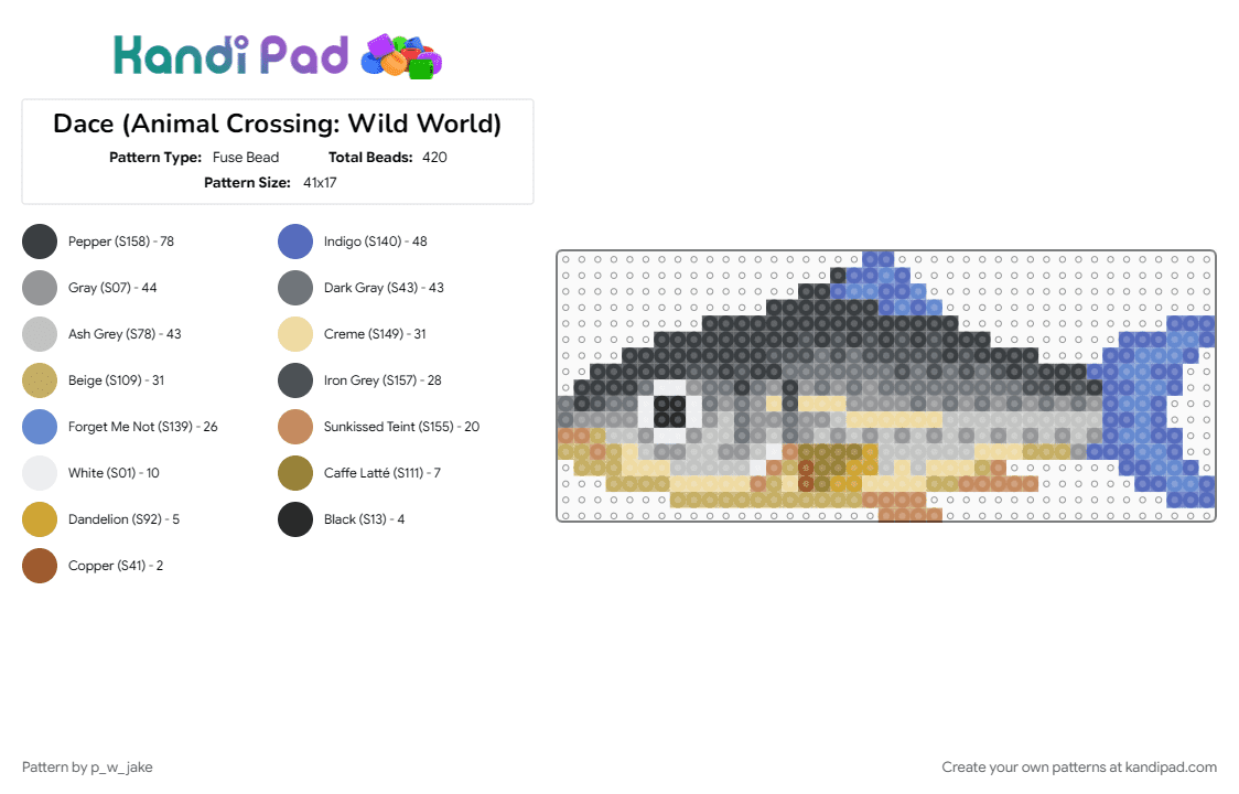 Dace (Animal Crossing: Wild World) - Fuse Bead Pattern by p_w_jake on Kandi Pad - animal, animal crossing, beige, blue, fish, fishing, gray, nintendo, river