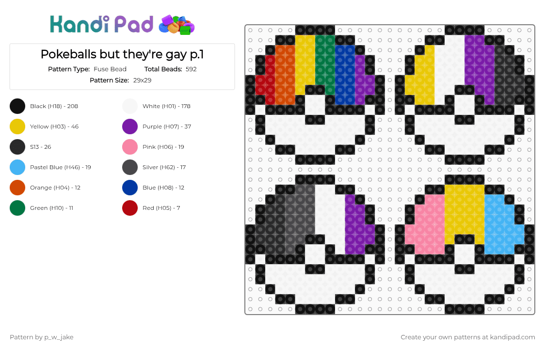 Pokeballs but they\'re gay p.1 - Fuse Bead Pattern by p_w_jake on Kandi Pad - black,white,yellow,purple,pride,pokemon,pokeball,nonbinary,asexual,pansexual