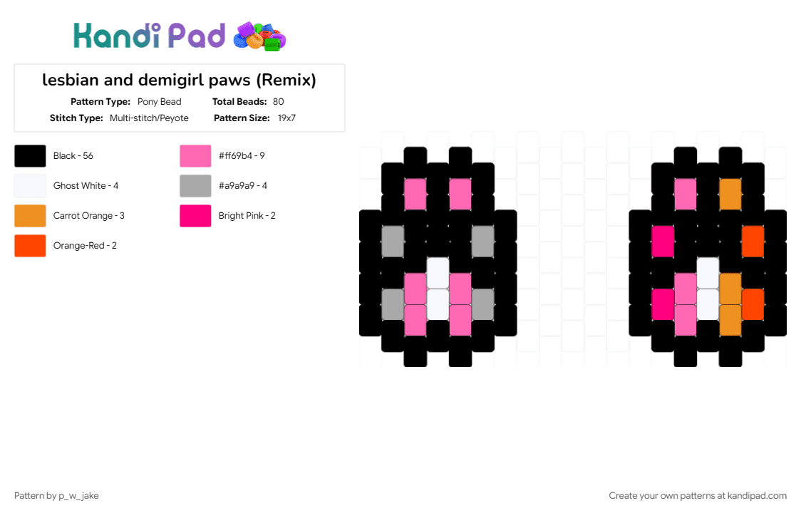 lesbian and demigirl paws (Remix) - Pony Bead Pattern by p_w_jake on Kandi Pad - black, paw, pink, pride