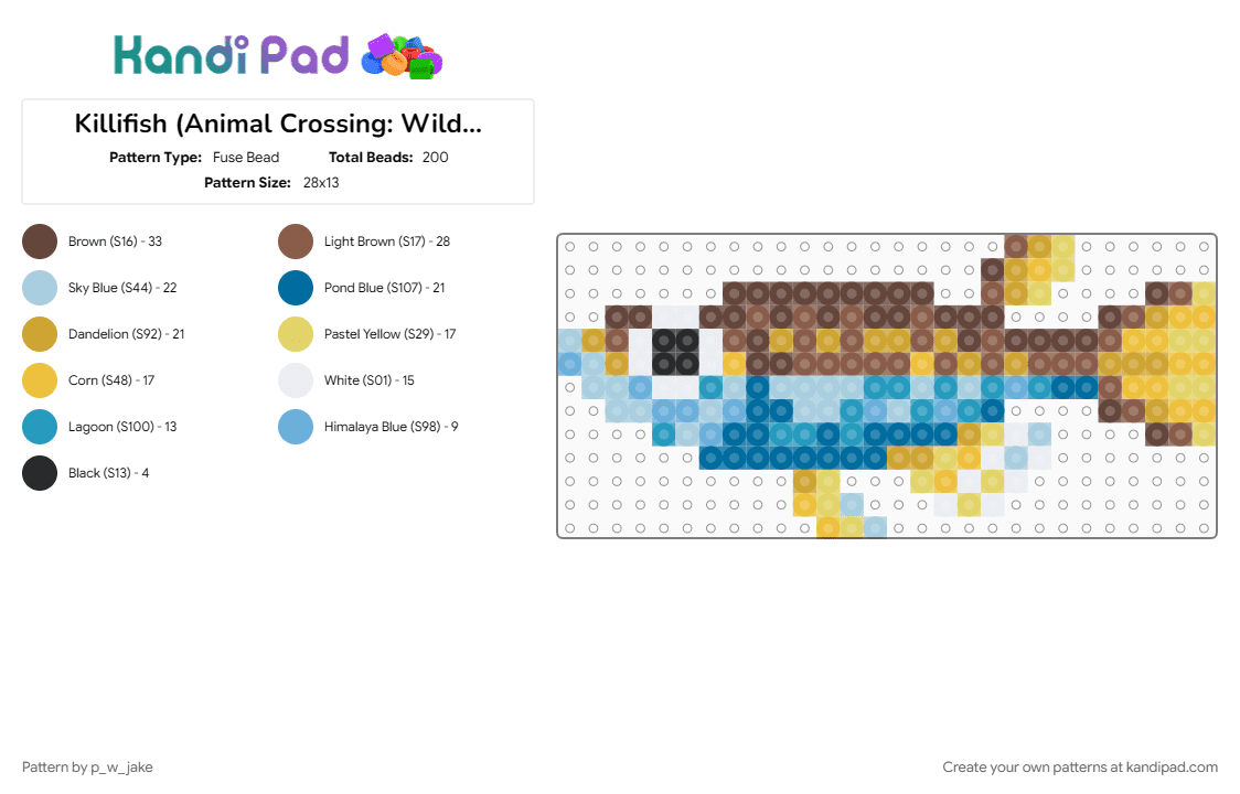 Killifish (Animal Crossing: Wild World) - Fuse Bead Pattern by p_w_jake on Kandi Pad - animal crossing, brown, fish, light blue, nintendo, pond, tan, yellow