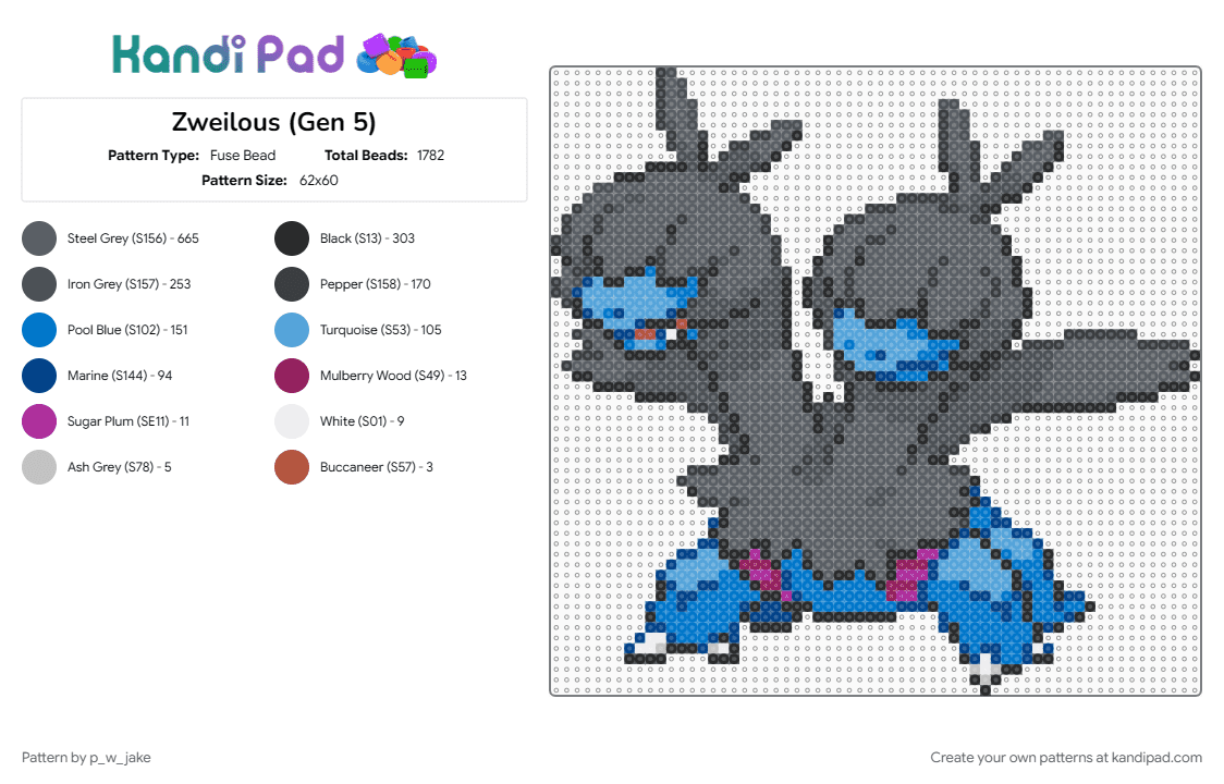 Zweilous (Gen 5) - Fuse Bead Pattern by p_w_jake on Kandi Pad - blue, dragon, gray, pokemon, purple, unova
