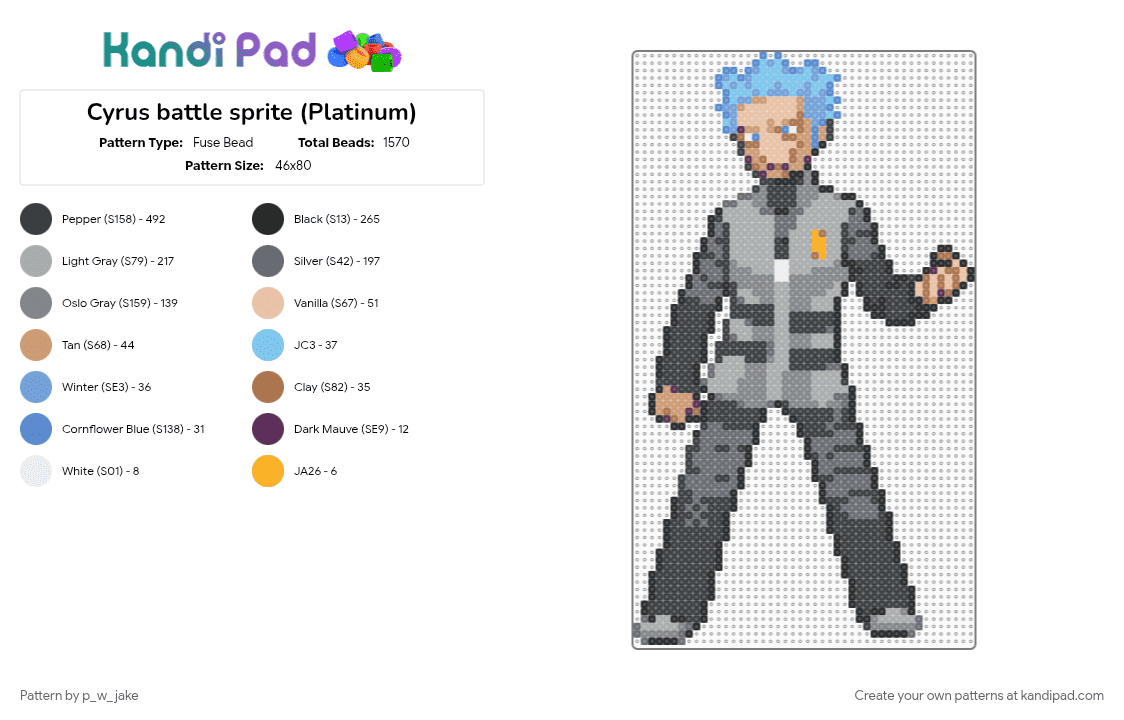 Cyrus battle sprite (Platinum) - Fuse Bead Pattern by p_w_jake on Kandi Pad - 
