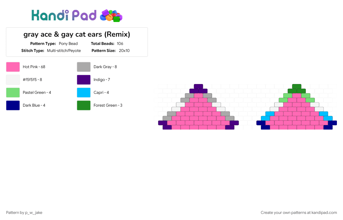 gray ace & gay cat ears (Remix) - Pony Bead Pattern by p_w_jake on Kandi Pad - ear, ears, gay, graysexual, grey ace, greysexual, mlm, pink