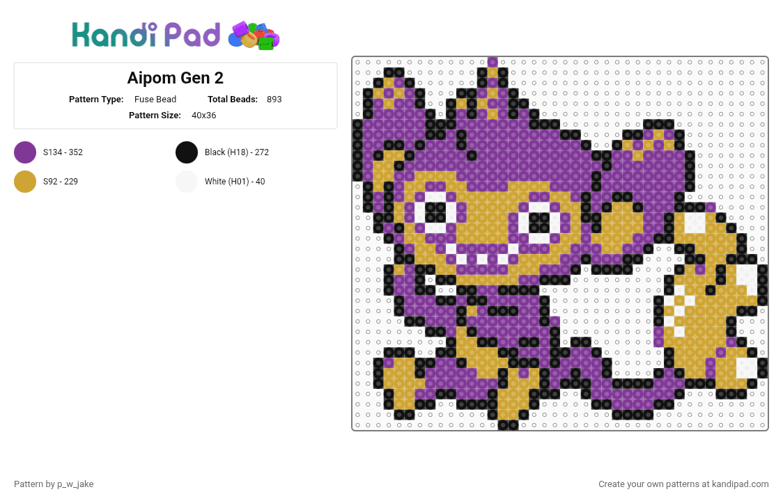 Aipom Gen 2 sprite - Fuse Bead Pattern by p_w_jake on Kandi Pad - pink,orange,pokemon,gen2