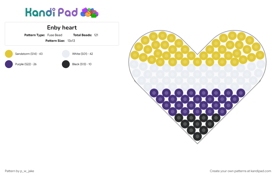 Enby heart - Fuse Bead Pattern by p_w_jake on Kandi Pad - enby, heart, nonbinary, pride, purple, yellow