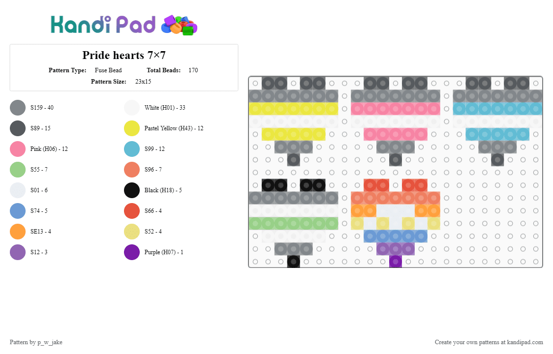 Pride hearts 7×7 - Fuse Bead Pattern by p_w_jake on Kandi Pad - gray,yellow,pink,light blue,pride,demigender,demiboy,demigirl,agender,xenogender