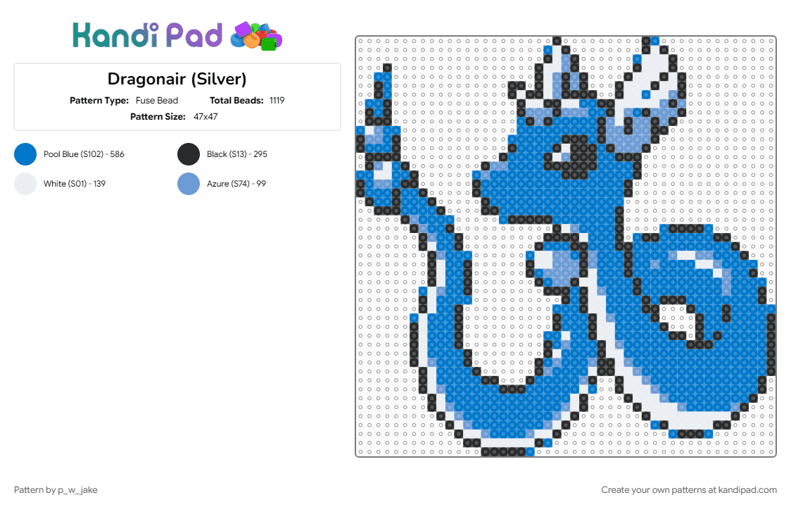 Dragonair (Silver) - Fuse Bead Pattern by p_w_jake on Kandi Pad - blue, dragon, dragonair, generation 1, kanto, pokemon, pokemon gold and silver