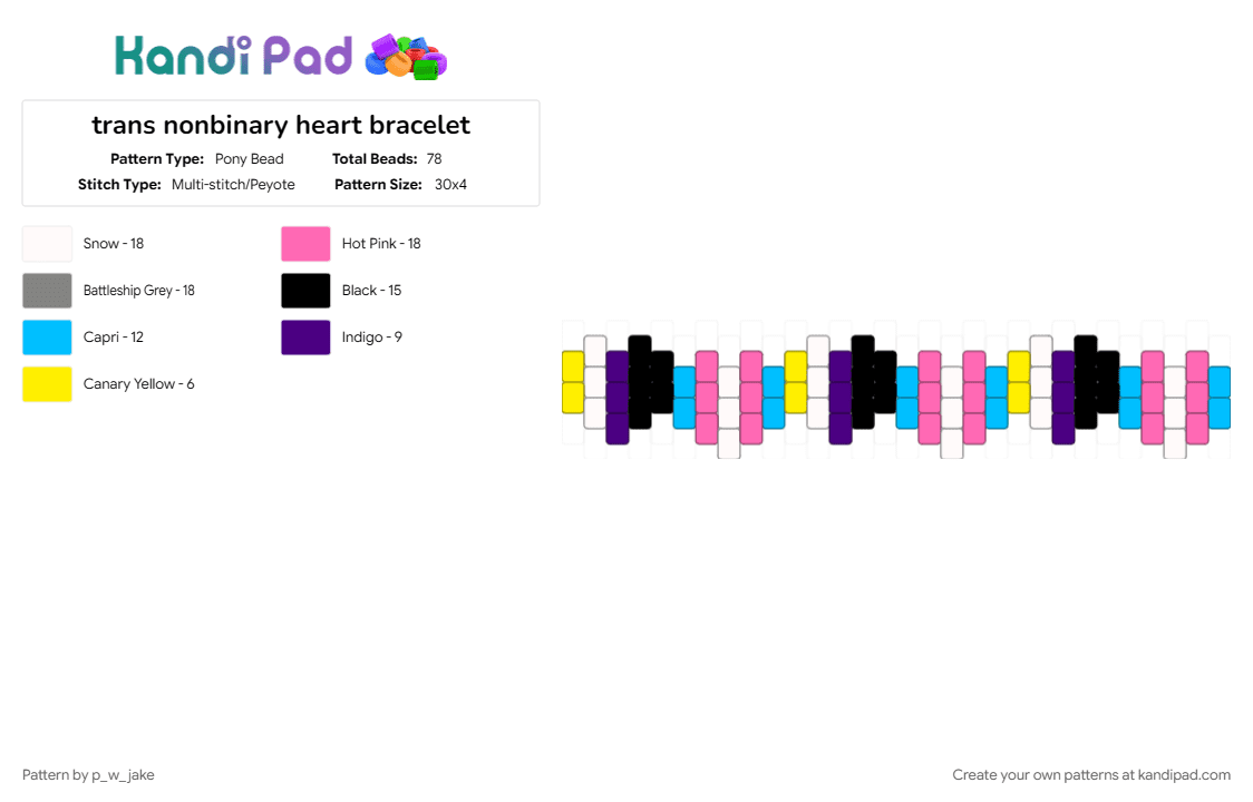 trans nonbinary heart bracelet - Pony Bead Pattern by p_w_jake on Kandi Pad - heart, hearts, light blue, nonbinary, pink, pride, trans, transgender