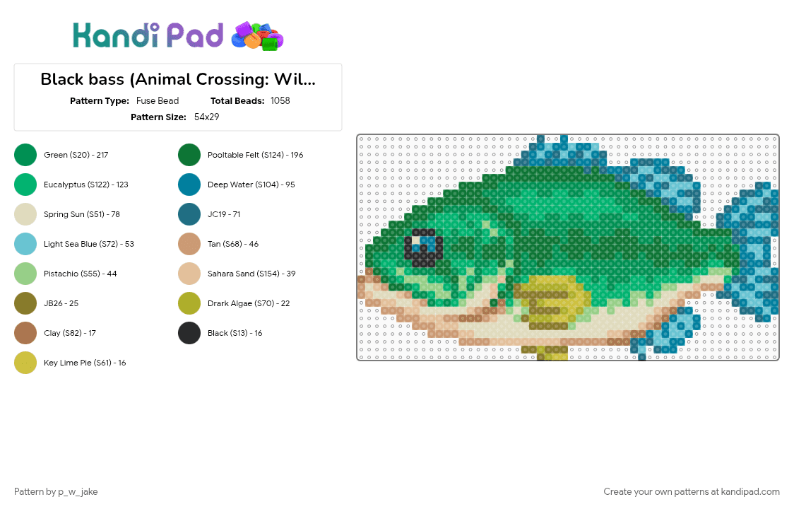 Black bass (Animal Crossing: Wild World) - Fuse Bead Pattern by p_w_jake on Kandi Pad - animal crossing, beige, fish, fishing, green, nintendo, river, teal