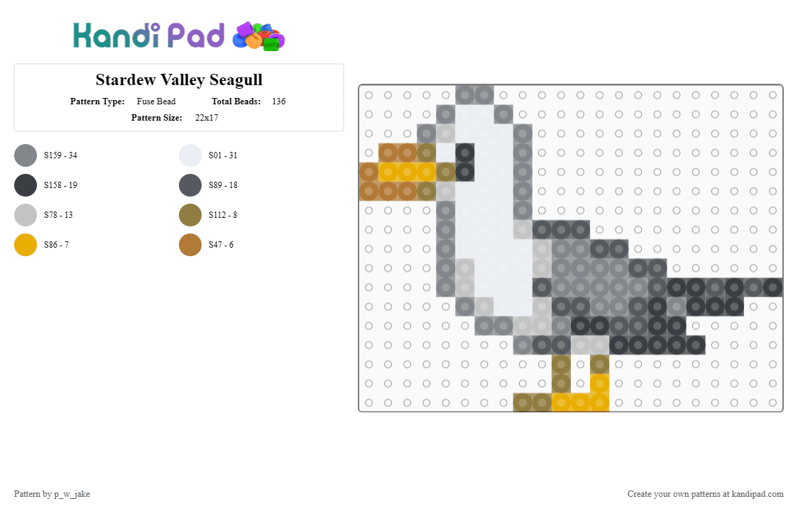 Stardew Valley Seagull - Fuse Bead Pattern by p_w_jake on Kandi Pad - gray,stardew valley,seagull,bird