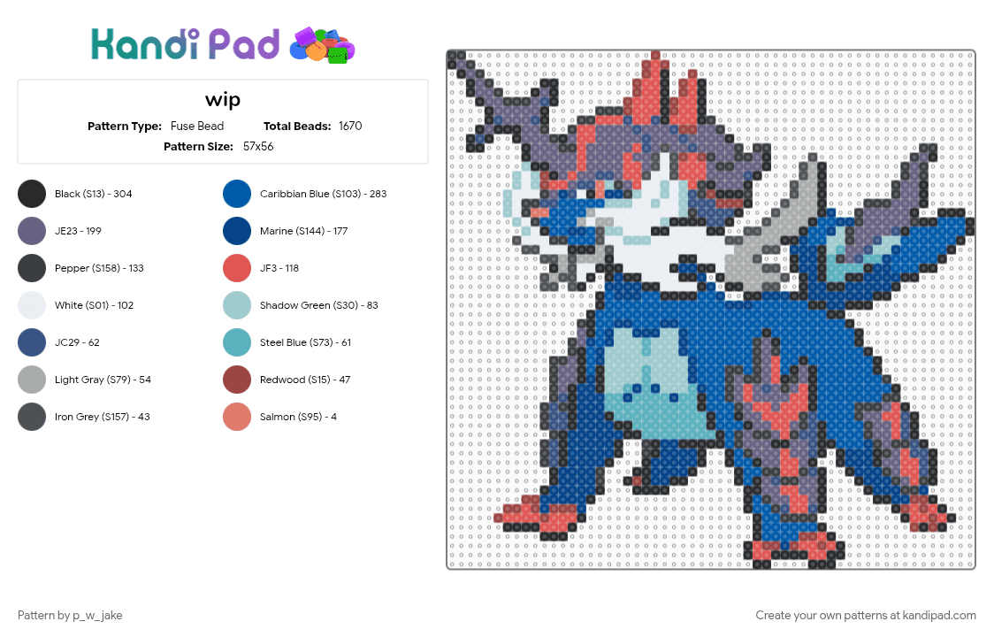 Hisuian Samurott (Credit in desc) - Fuse Bead Pattern by p_w_jake on Kandi Pad - blue, gray, hisui, hisuian, pokemon, red, samurott