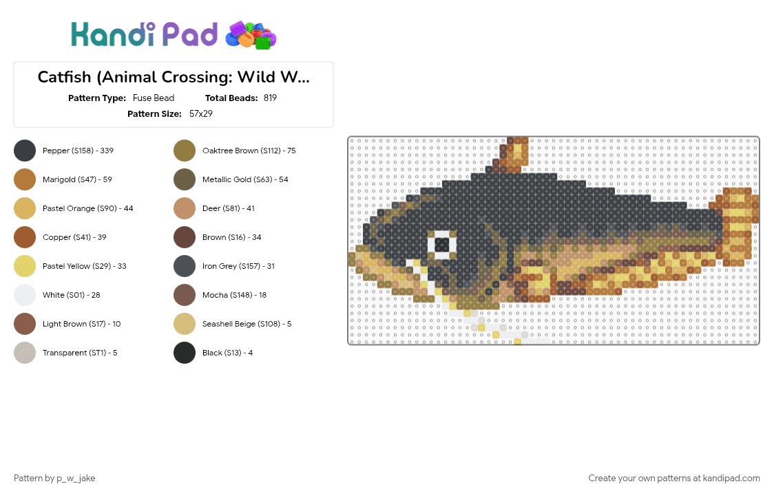 Catfish (Animal Crossing: Wild World) - Fuse Bead Pattern by p_w_jake on Kandi Pad - animal, animal crossing, black, catfish, fish, fishing, gold, pond, tan