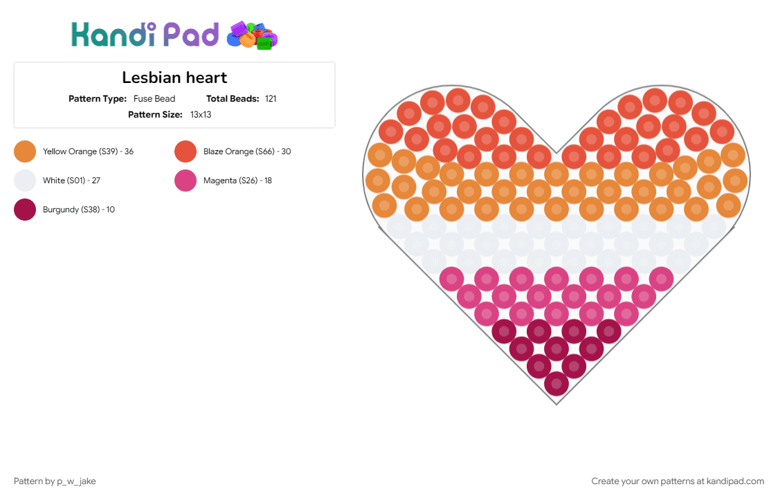 Lesbian heart - Fuse Bead Pattern by p_w_jake on Kandi Pad - gay, heart, lesbian, orange, pride, red, wlw