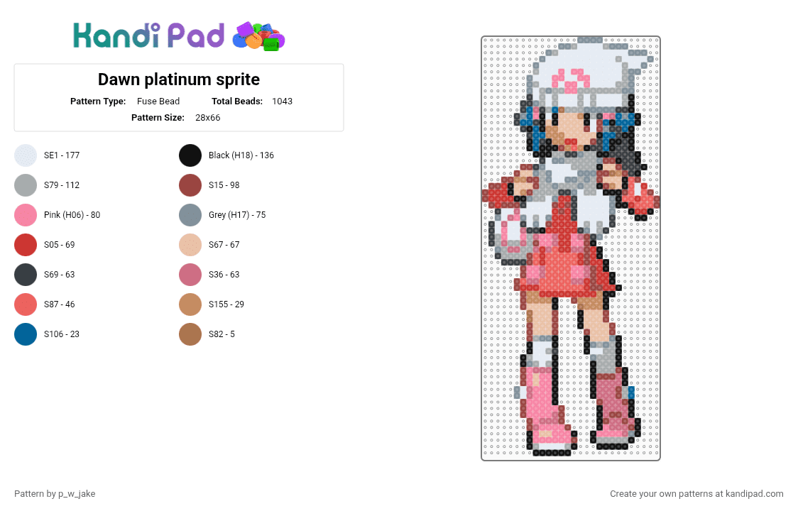 Dawn platinum sprite - Fuse Bead Pattern by p_w_jake on Kandi Pad - gray,pink,red,pokemon,character