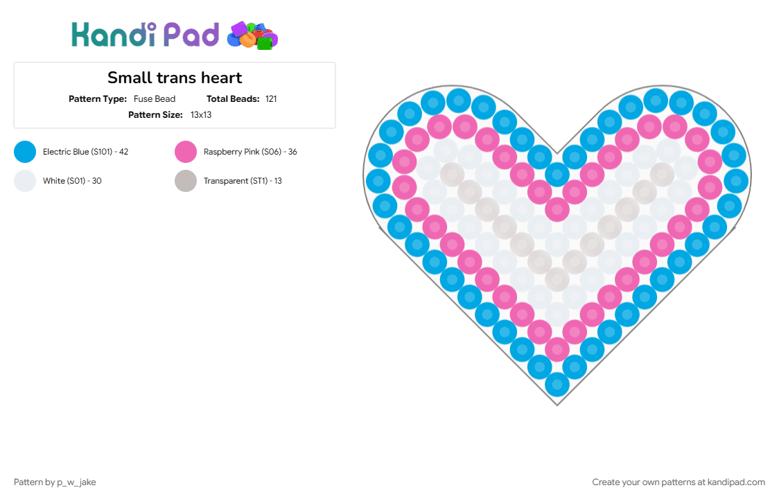 Small trans heart - Fuse Bead Pattern by p_w_jake on Kandi Pad - heart, light blue, pink, pride, trans, transgender
