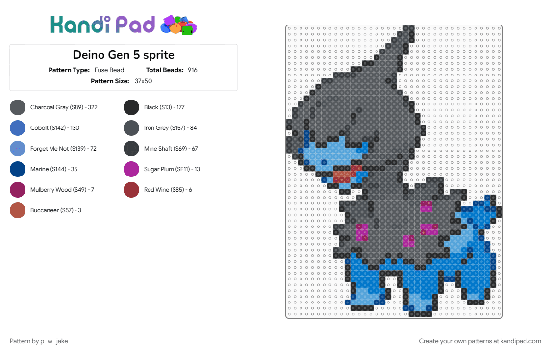 Deino Gen 5 sprite - Fuse Bead Pattern by p_w_jake on Kandi Pad - blue, deino, dragon, gaming, gen5, gray, pokemon