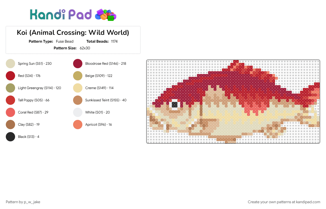 Koi (Animal Crossing: Wild World) - Fuse Bead Pattern by p_w_jake on Kandi Pad - animal, animal crossing, beige, fish, koi, nintendo, pond, red