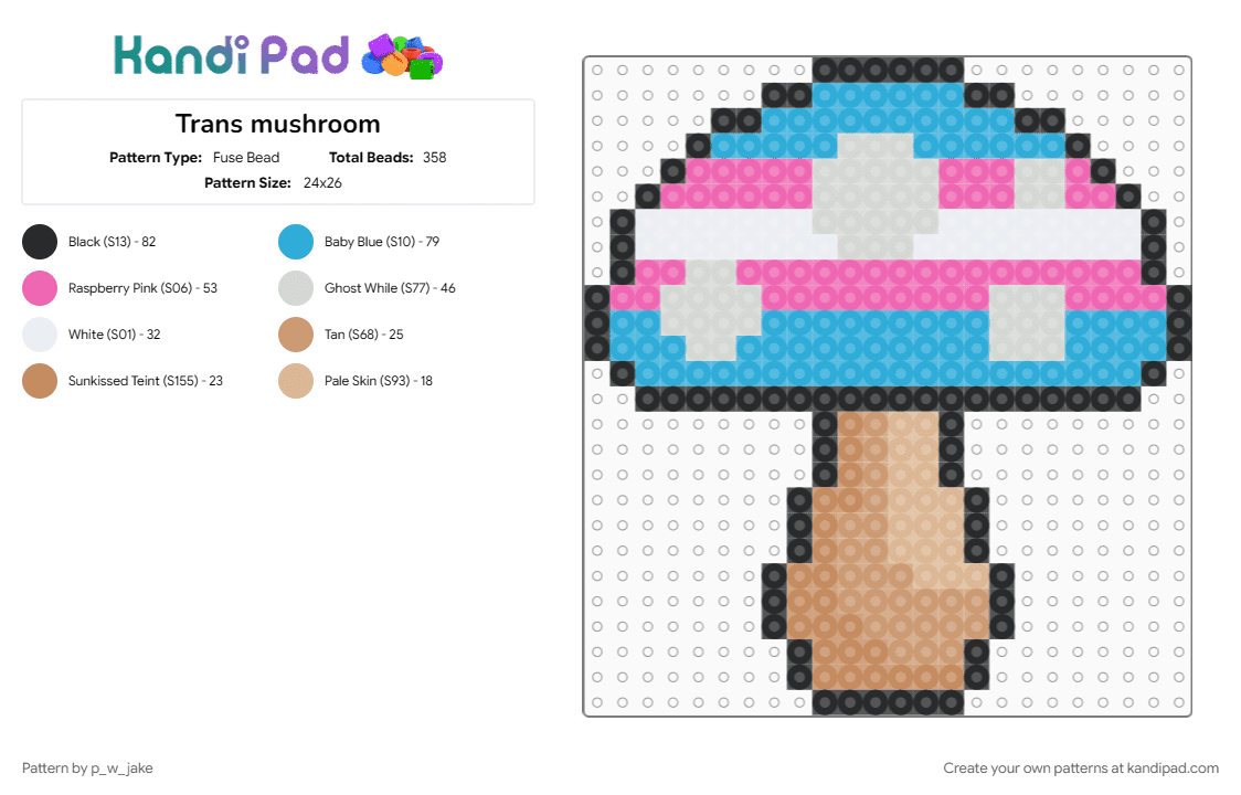 Trans mushroom v.1 (black outline) - Fuse Bead Pattern by p_w_jake on Kandi Pad - free to use, fungus, mushroom, pride, trans, transgender