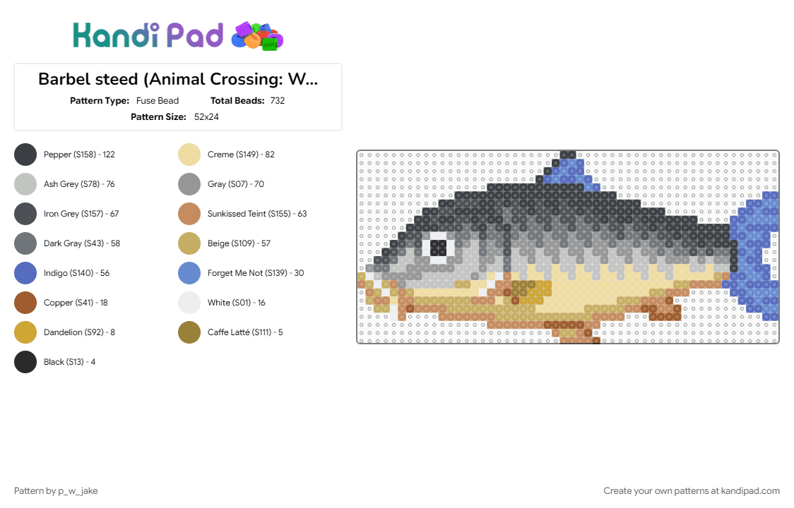 Barbel steed (Animal Crossing: Wild World) - Fuse Bead Pattern by p_w_jake on Kandi Pad - animal, animal crossing, beige, blue, fish, gray, nintendo, tan