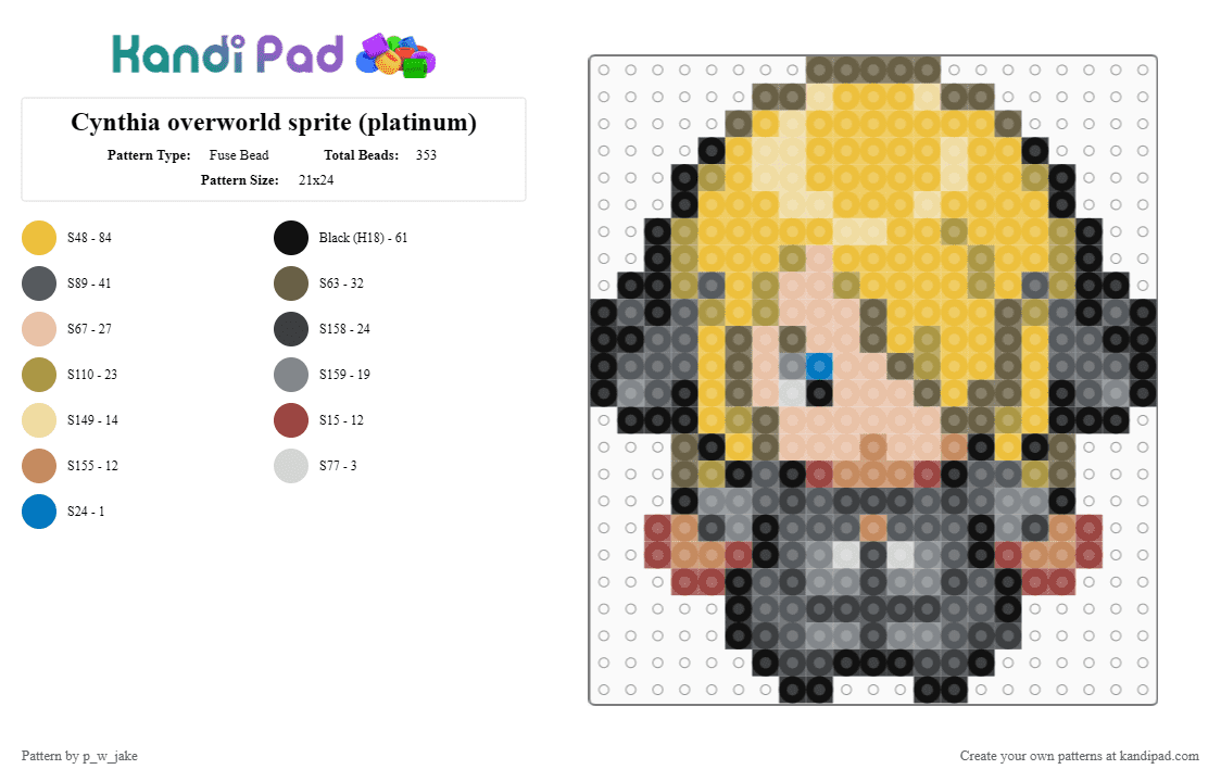 Cynthia overworld sprite (platinum) - Fuse Bead Pattern by p_w_jake on Kandi Pad - tan,gray,beige,yellow,pokemon,gen4