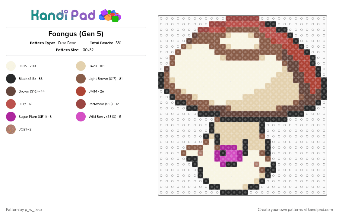 Foongus (Gen 5) - Fuse Bead Pattern by p_w_jake on Kandi Pad - beige, cotdmushrooms, foongus, generation 5, mushroom, pokemon, pokemon black and white, tan