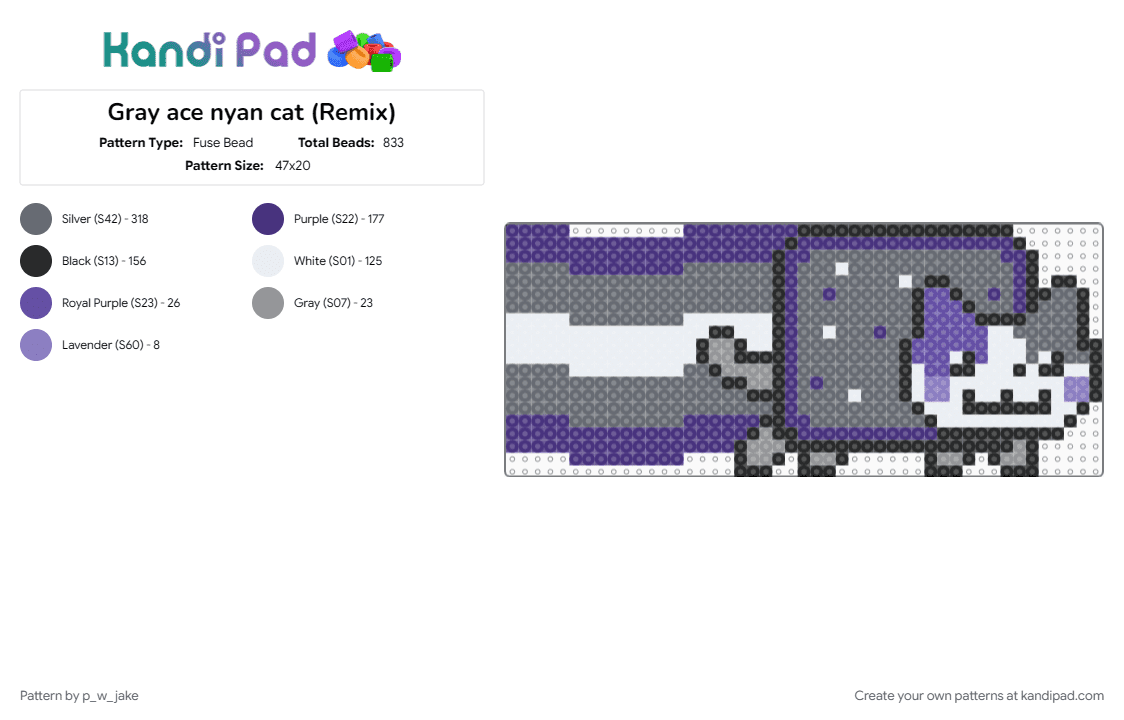 Gray ace nyan cat (Remix) - Fuse Bead Pattern by p_w_jake on Kandi Pad - ace spectrum, asexual, cat, gray, graysexual, greysexual, kitty, pride, purple