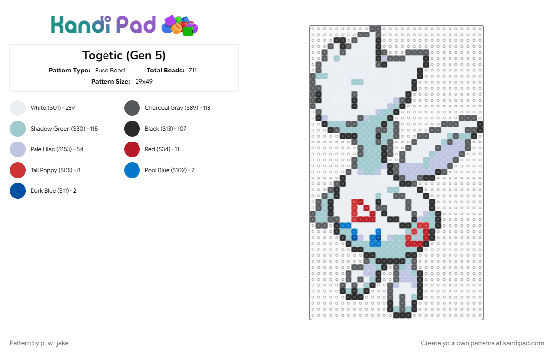 Togetic (Gen 5) - Fuse Bead Pattern by p_w_jake on Kandi Pad - gray, pokemon, teal, togetic, white