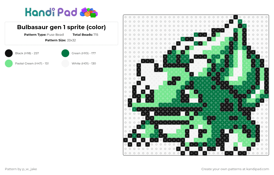 Bulbasaur gen 1 sprite (color) - Fuse Bead Pattern by p_w_jake on Kandi Pad - green,teal,pokemon,bulbasaur