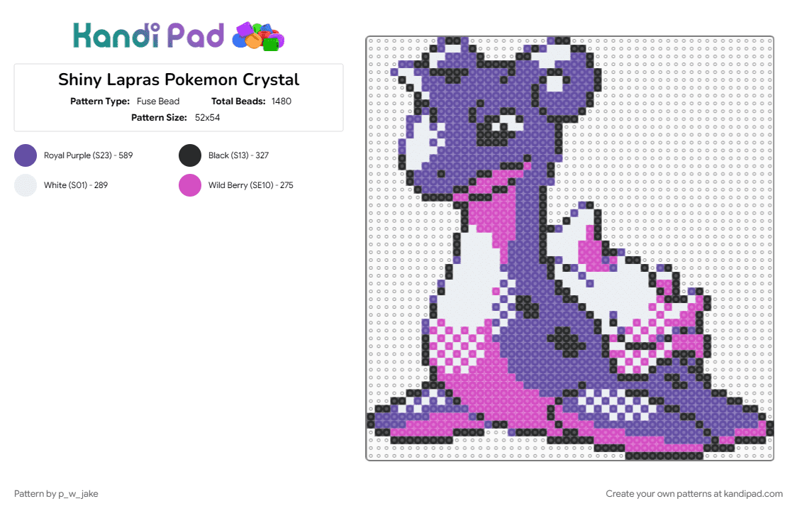 Shiny Lapras Pokemon Crystal - Fuse Bead Pattern by p_w_jake on Kandi Pad - gameboy, gen2, lapras, pink, pokemon, purple
