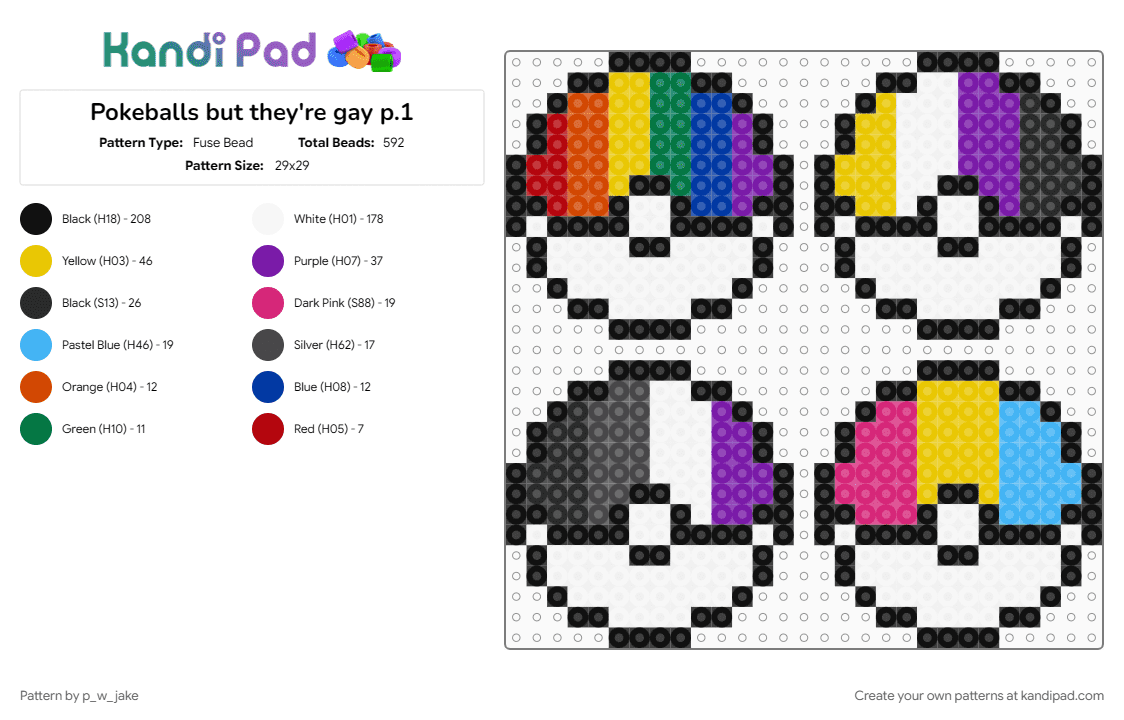 Pokeballs but they\'re gay p.1 - Fuse Bead Pattern by p_w_jake on Kandi Pad - asexual, black, nonbinary, pansexual, pokeball, pokemon, pride, purple, white, yellow