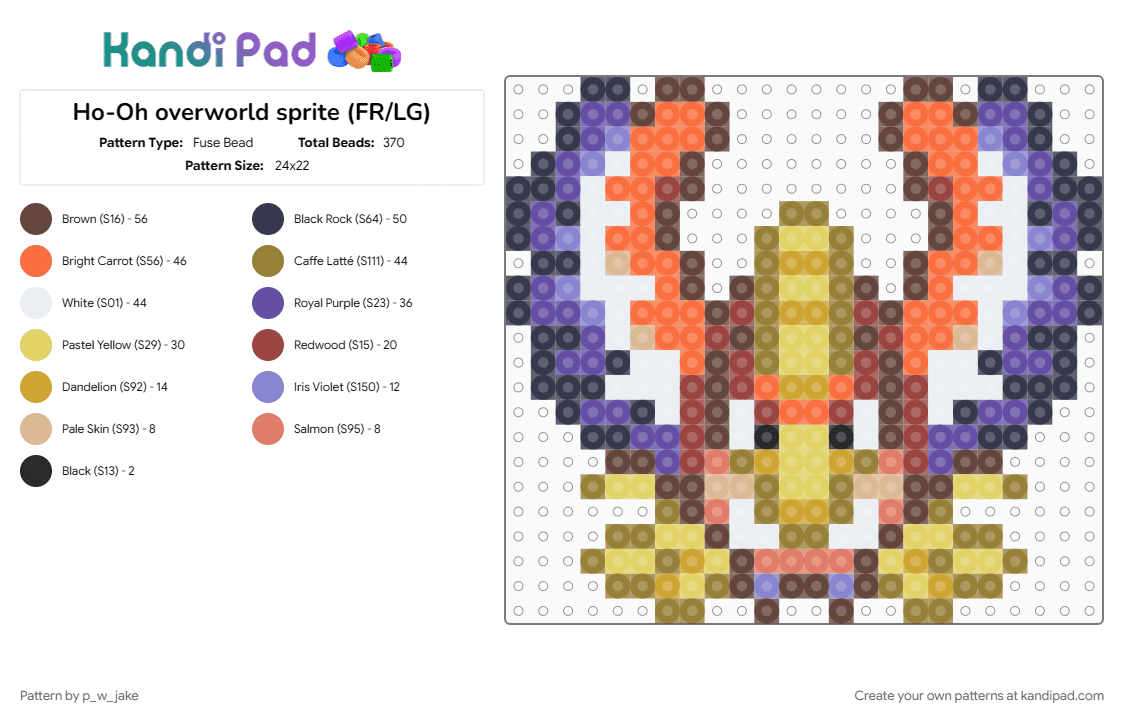 Ho-Oh overworld sprite (FR/LG) - Fuse Bead Pattern by p_w_jake on Kandi Pad - brown, gold, ho oh, orange, pokemon, purple
