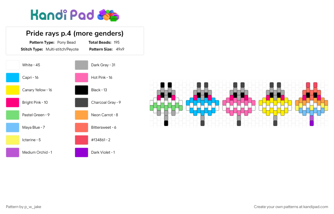 Pride rays p.4 (more genders) - Pony Bead Pattern by p_w_jake on Kandi Pad - agender, beige, demiboy, demigender, demigirl, fish, light blue, pink, pride, ray, xenogender, yellow
