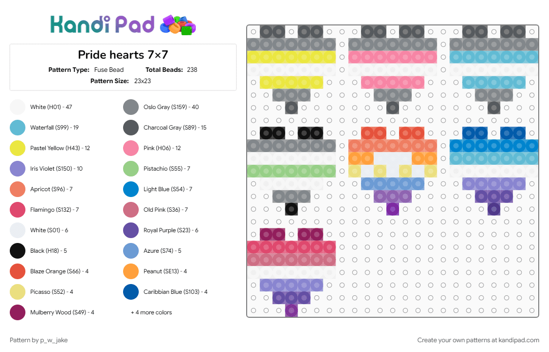 Pride hearts 7×7 (UPDATED) - Fuse Bead Pattern by p_w_jake on Kandi Pad - agender, almondsexual, berrisexual, blue, demiboy, demigender, demigirl, gray, light blue, pink, pride, xenogender