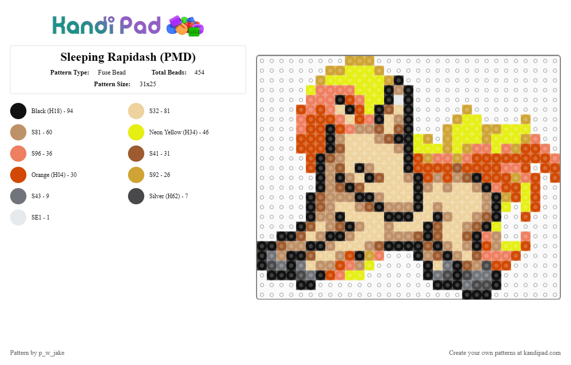 Sleeping Rapidash (PMD) - Fuse Bead Pattern by p_w_jake on Kandi Pad - tan,red,yellow,colorful,pokemon,rapidash,pokemon mystery dungeon