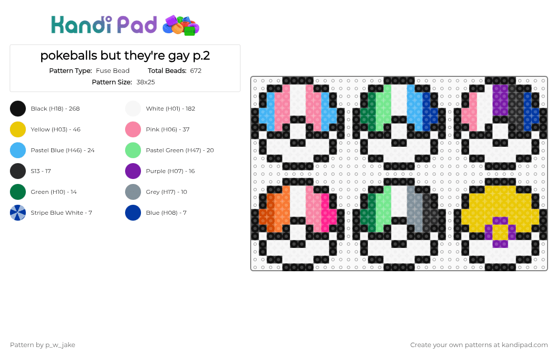 pokeballs but they\'re gay p.2 - Fuse Bead Pattern by p_w_jake on Kandi Pad - black,white,pink,teal,colorful,pride,pokeball,pokemon,trans,gay,lesbian,aromantic,intersex