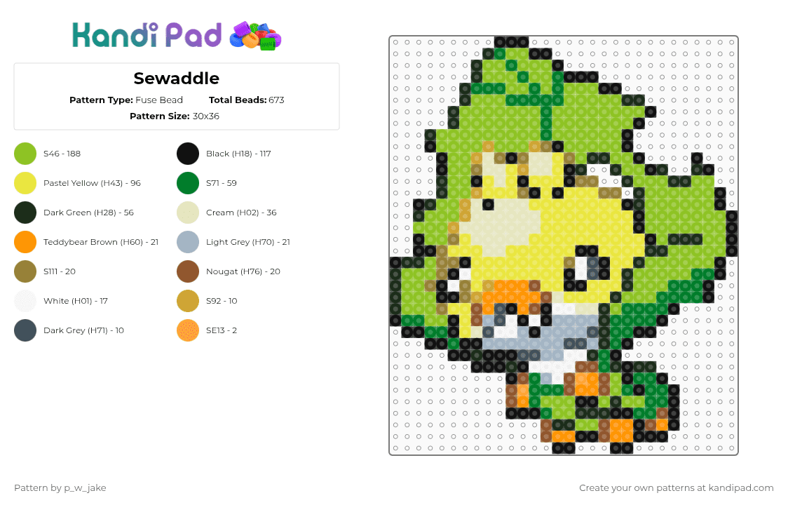 Sewaddle - Fuse Bead Pattern by p_w_jake on Kandi Pad - green,yellow,pokemon