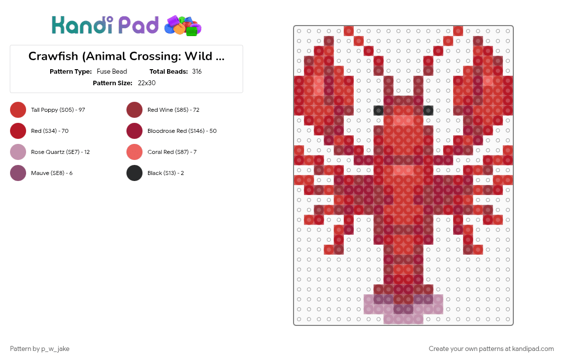 Crawfish (Animal Crossing: Wild World) - Fuse Bead Pattern by p_w_jake on Kandi Pad - animal crossing, crawfish, fish, fishing, pond, red