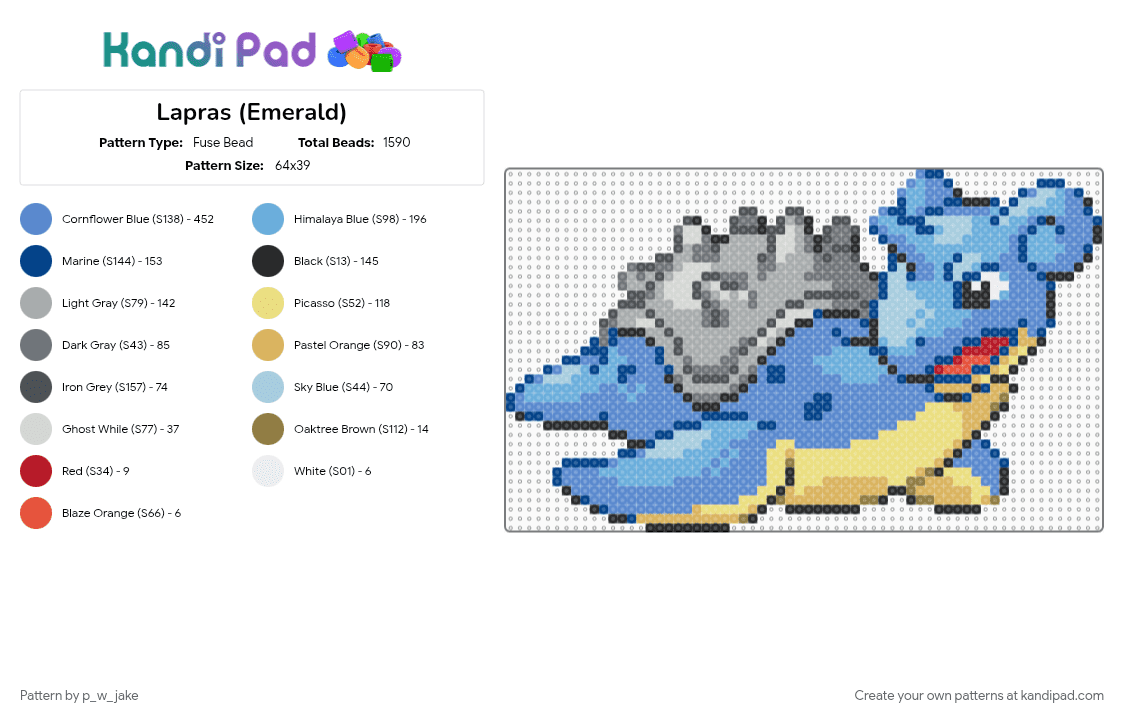 Lapras (Emerald) - Fuse Bead Pattern by p_w_jake on Kandi Pad - blue, gray, ice, kanto, lapras, light blue, pokemon, water