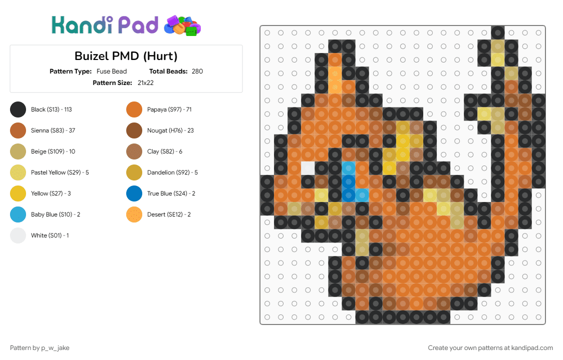 Buizel PMD (Hurt) - Fuse Bead Pattern by p_w_jake on Kandi Pad - buizel, orange, pokemon, tan