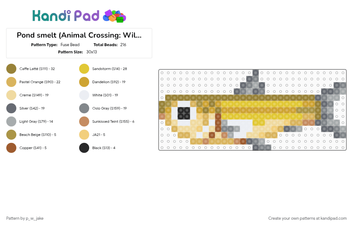 Pond smelt (Animal Crossing: Wild World) - Fuse Bead Pattern by p_w_jake on Kandi Pad - animal crossing, fish, fishing, pond