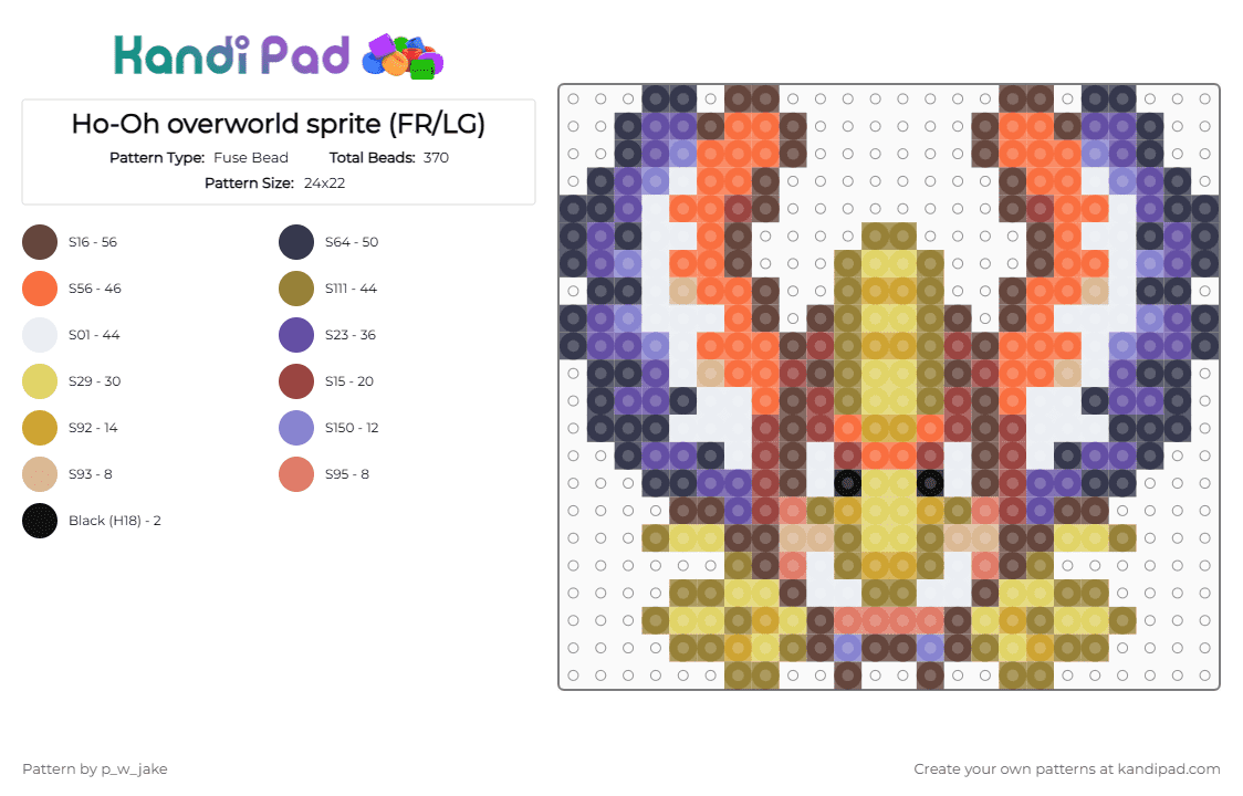 Ho-Oh overworld sprite (FR/LG) - Fuse Bead Pattern by p_w_jake on Kandi Pad - purple,brown,gold,orange,pokemon,ho oh
