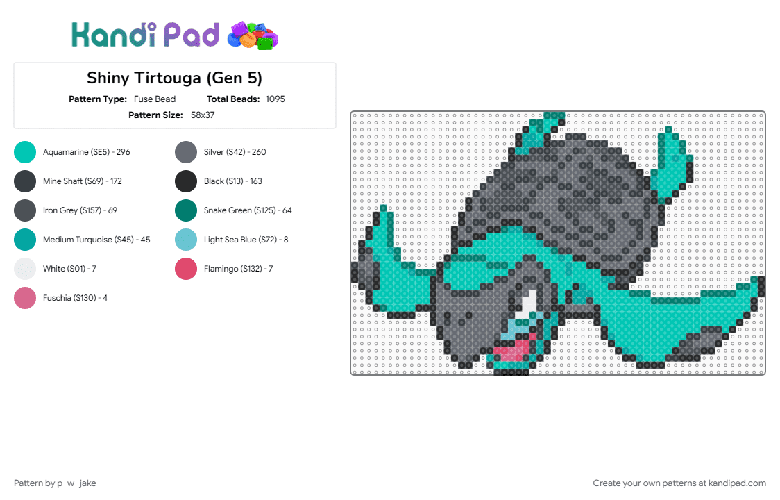Shiny Tirtouga (Gen 5) - Fuse Bead Pattern by p_w_jake on Kandi Pad - generation 5, gray, pokemon, pokemon bw, shiny, teal, tirtouga
