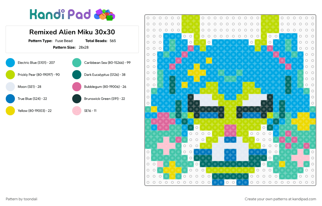 Remixed Alien Miku 30x30 - Fuse Bead Pattern by toondali on Kandi Pad - alien, anime, green, light blue, miku hatsune, teal, vocaloid