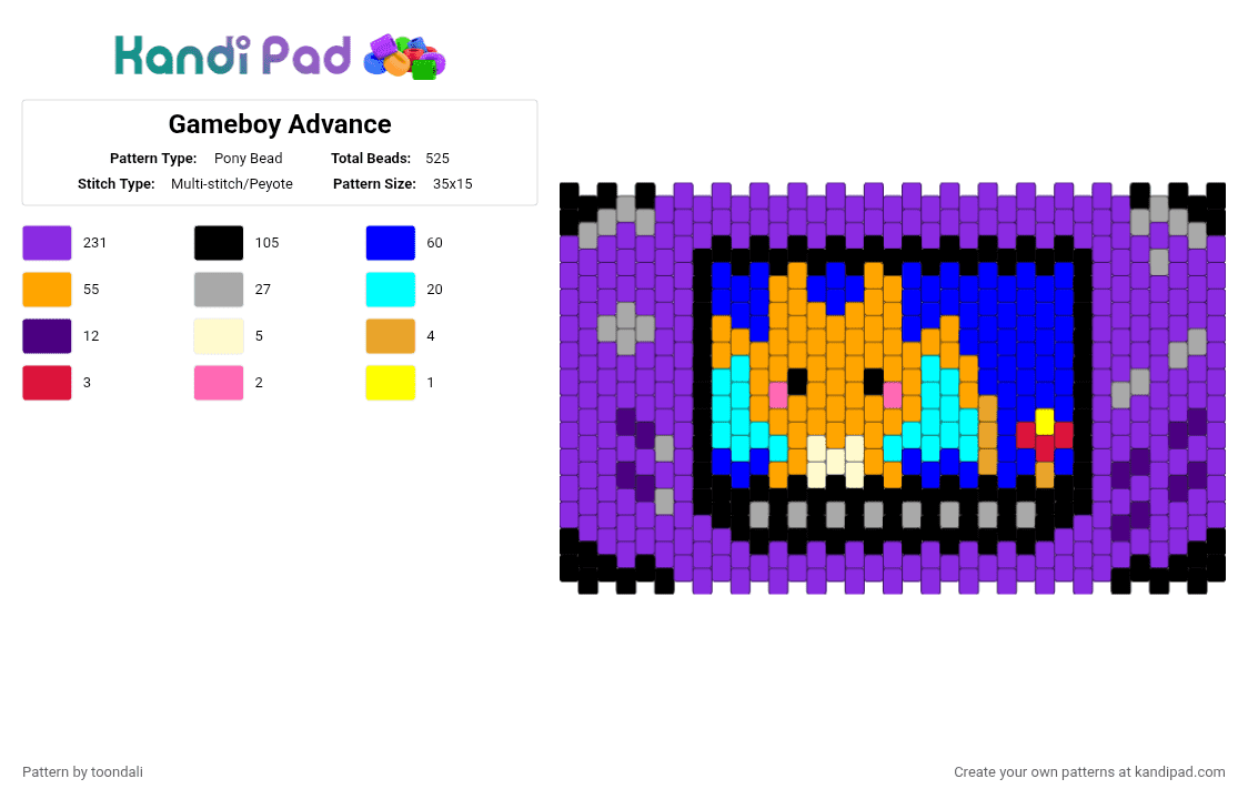 Gameboy Advance - Pony Bead Pattern by toondali on Kandi Pad - purple,orange