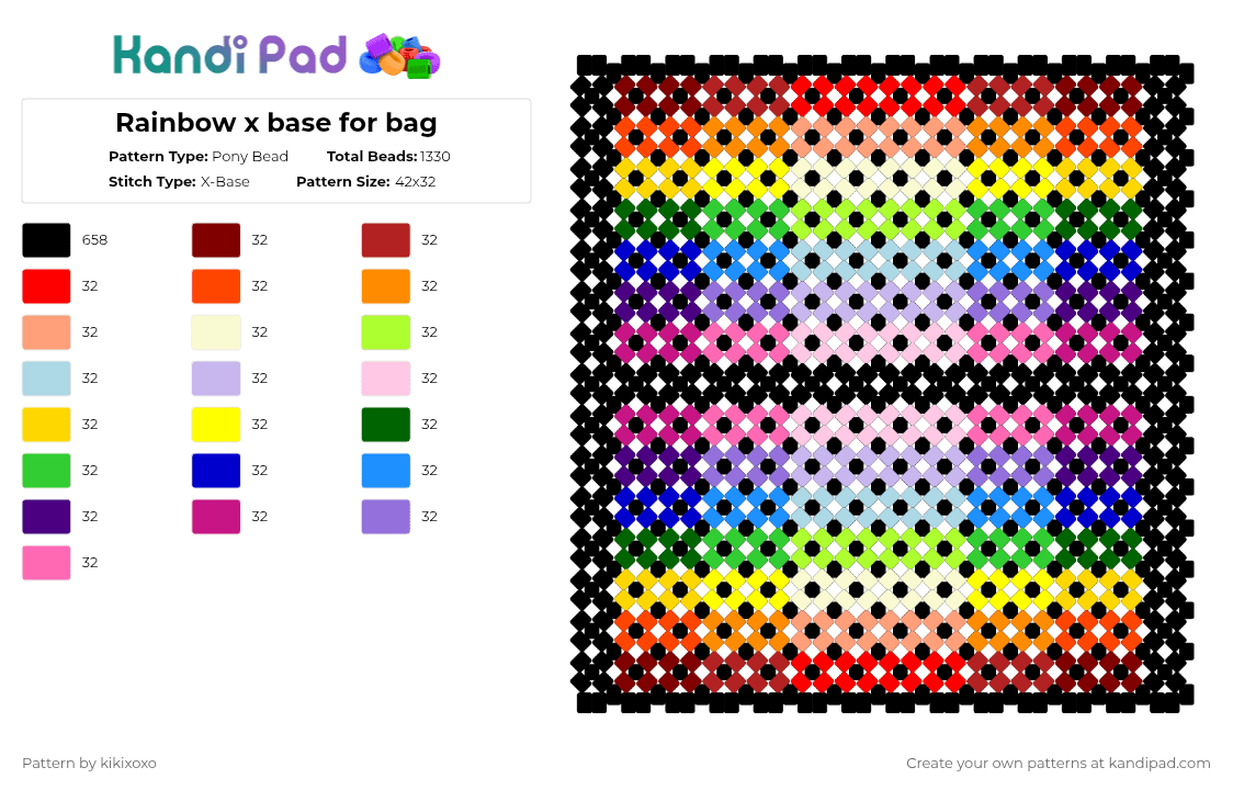Rainbow x base for bag - Pony Bead Pattern by kikixoxo on Kandi Pad - black,green,purple,colorful,bag,rainbow,purse,xbase,x base,pouch,kandi
