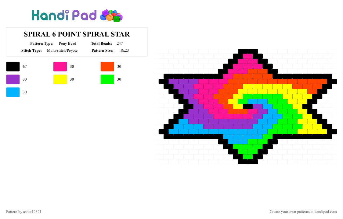 SPIRAL 6 POINT SPIRAL STAR - Pony Bead Pattern by i0eat0crayons on Kandi Pad - red,yellow,light blue,colorful