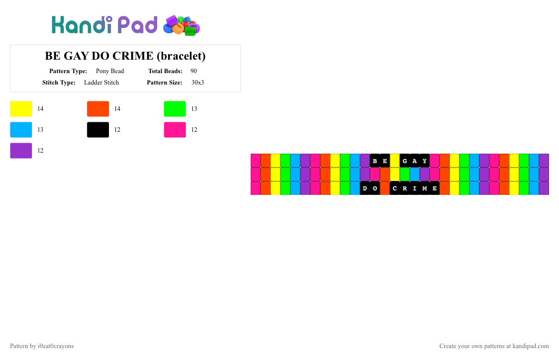 BE GAY DO CRIME (bracelet) - Pony Bead Pattern by i0eat0crayons on Kandi Pad - yellow,green,purple,colorful