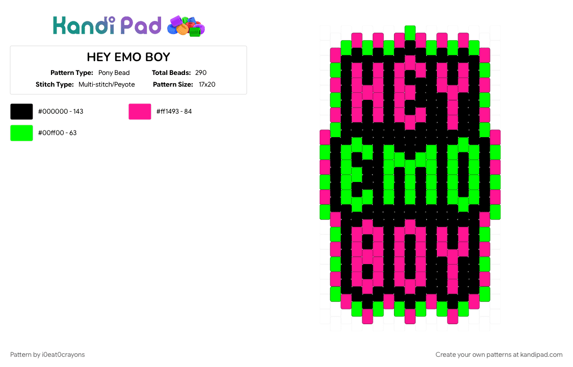 HEY EMO BOY - Pony Bead Pattern by i0eat0crayons on Kandi Pad - green, pink