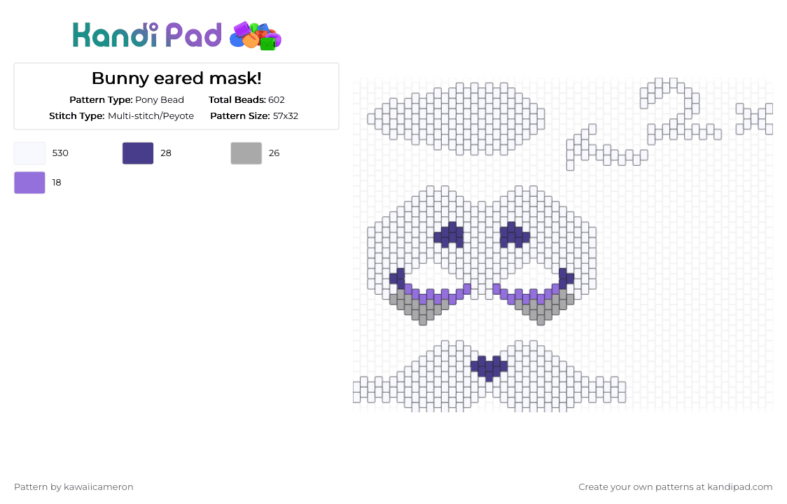 Bunny eared mask! - Pony Bead Pattern by kawaiicameron on Kandi Pad - white,purple,beige